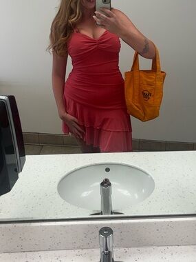 Coral Pink orange/red Ruffled Mini Dress with Sweetheart Neckline halter